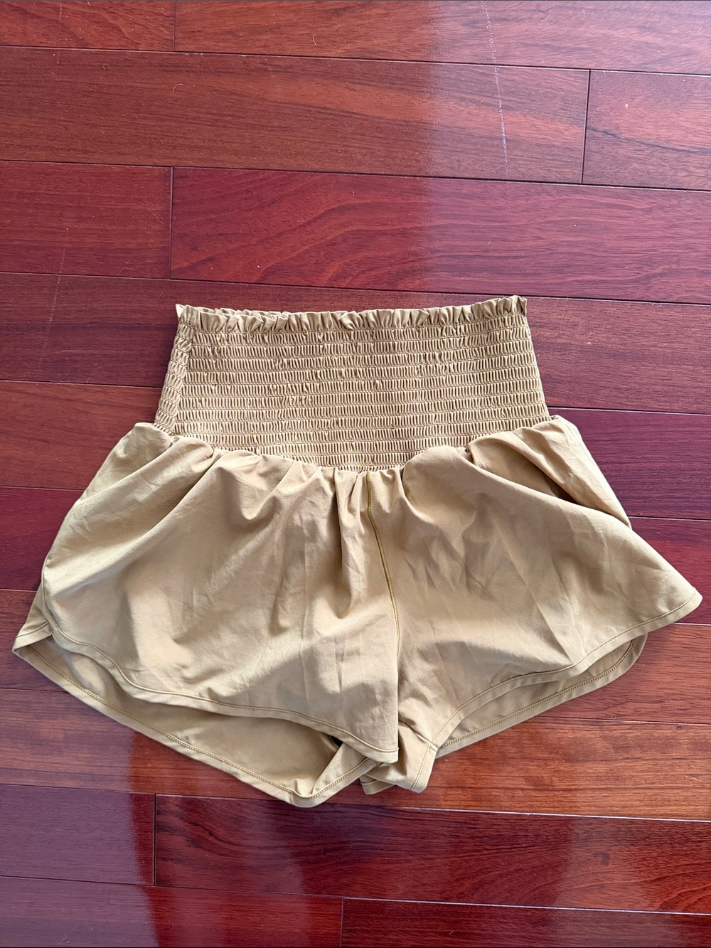 aerie High-Waist Smocked Tan Ruffle Shorts